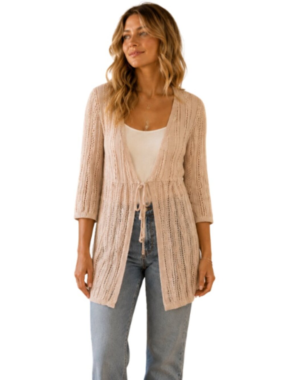 Grace Karin Crochet Knit Cardigan Open Front Boho Festival Beige Size M
